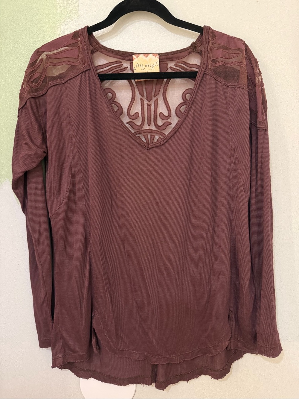 Free People Dusty Mauve Long Sleeve V-Neck Top with Sheer Embroidered Yoke